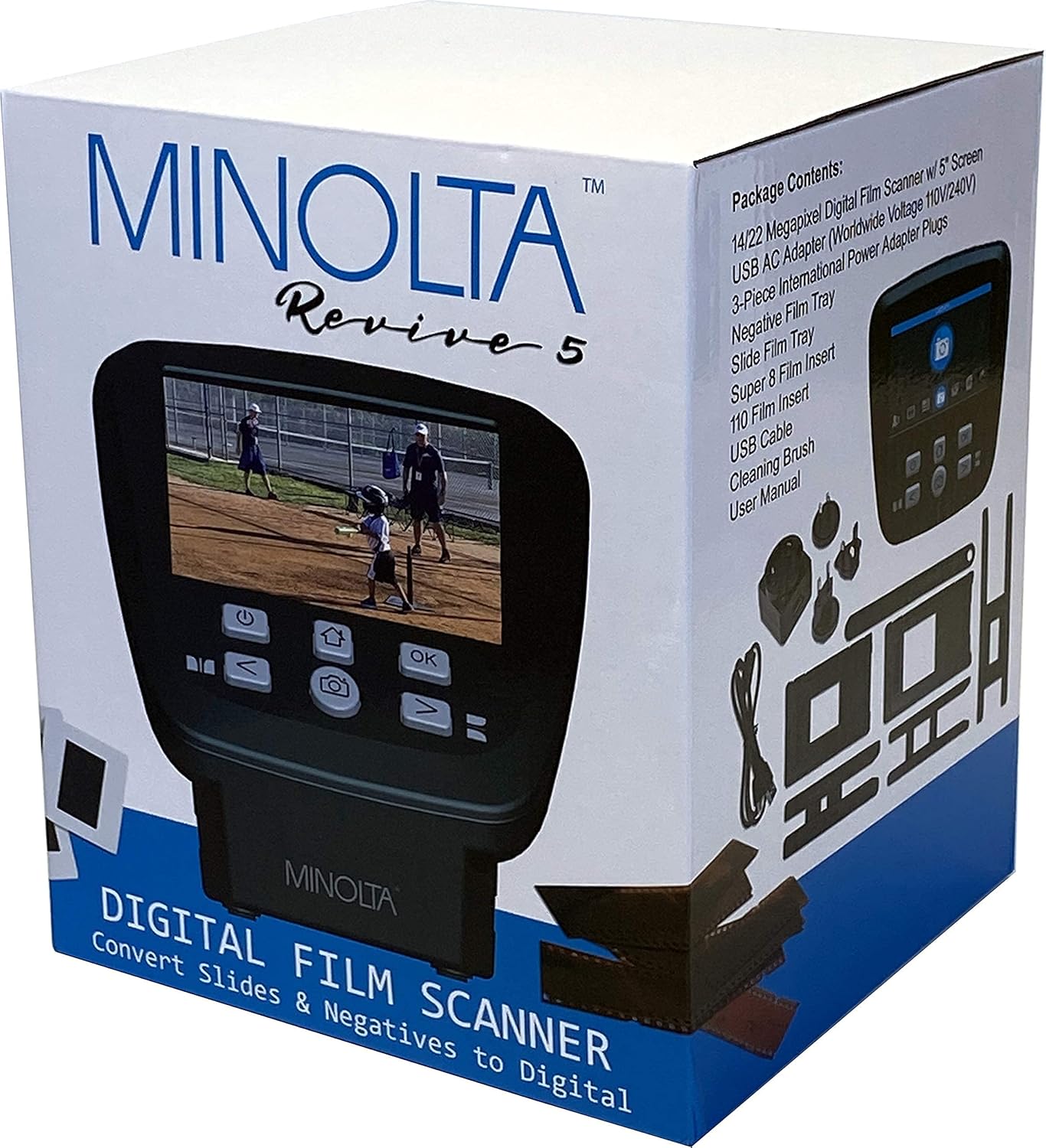 MINOLTA Film & Slide Scanner, Large 5 Screen, Convert Color & B&W 35mm, 126, 110 Negative & Slides, Super 8 Films to High Res 22MP JPEG Digital Photos, 16GB SD Card, Worldwide AC Adapter (Black)