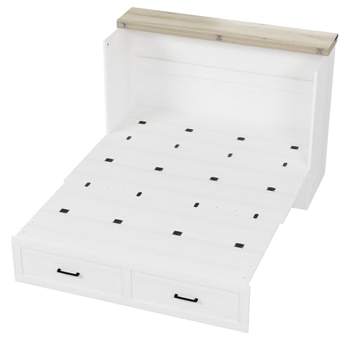 Wooden Murphy Cabinet Bed Frame with Charging Station, Full-Size Foldable Wall Bed with Large Storage Drawer for Home Apartment Limited Living Places, Space-Saving Hidden Bed No Box Spring Needed