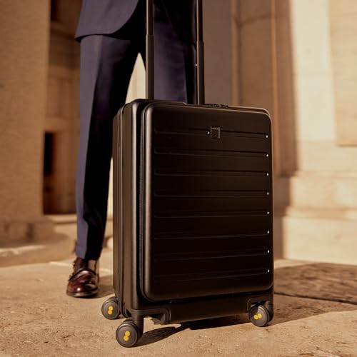 LEVEL8 Carry On Luggage with Compartment, 20 Inch Lightweight Hard Shell Rolling Suitcase with Wheels Airline Approved, Checked Luggage with Front Pocket, Double Tsa Locks - Black