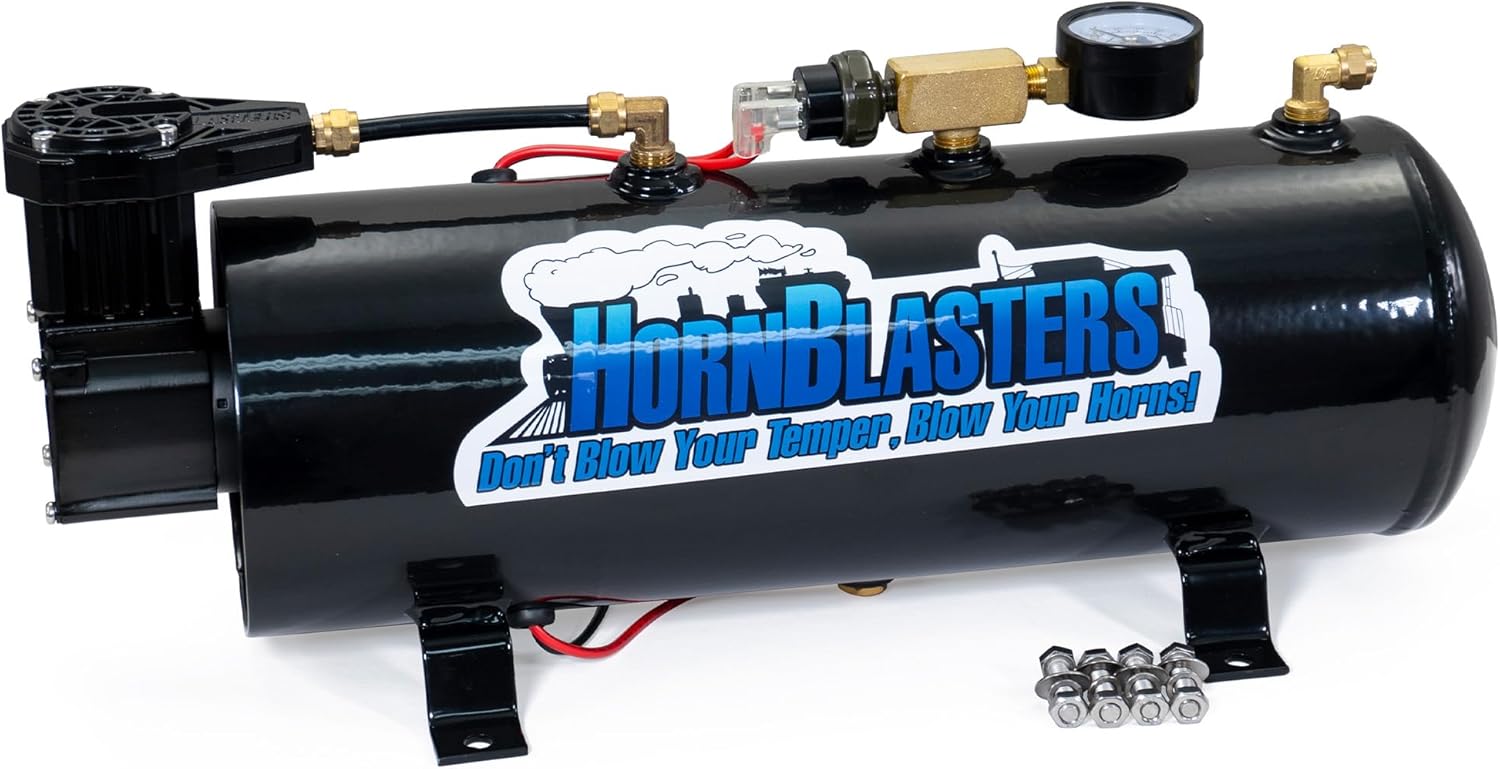 HornBlasters 12V 2-Chime 3-Liter Air Horn Kit with 110 PSI 3-Liter Air Source Unit & 2-Chime Stealth Black Air Horn for Cars & Trucks