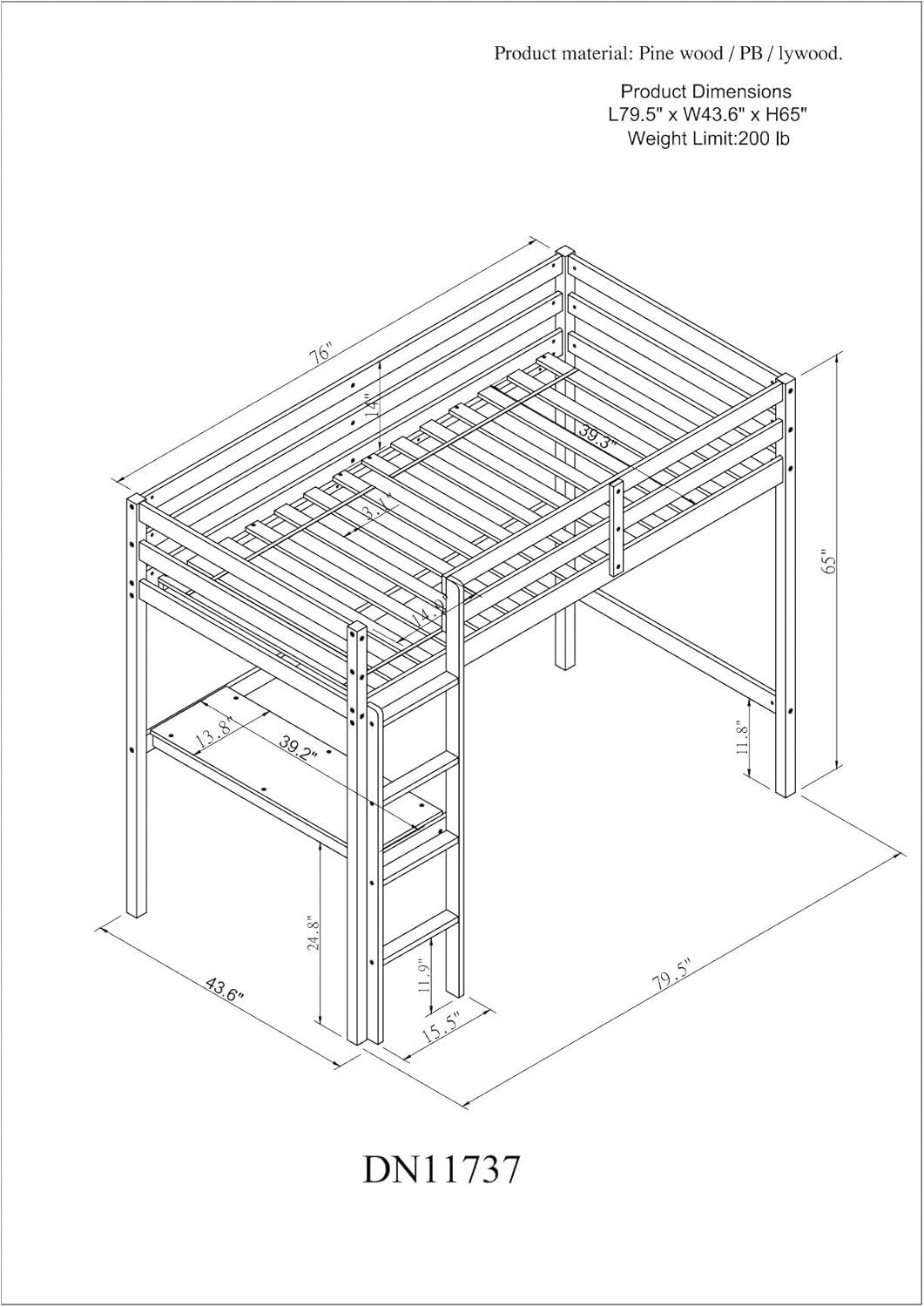 Wooden Twin Size Loft Bed with Desk and Ladder, Sturdy Loftbeds for Kids Teens Bedroom, White