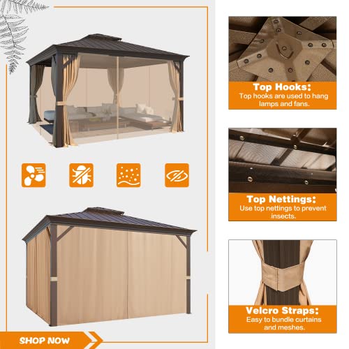 EROMMY 14'x20' Hardtop Gazebo Double Roof Galvanized Steel Canopy Outdoor Aluminum Frame Permanent Metal Pavilion with Netting and Curtains for Patio Backyard Deck and Lawns