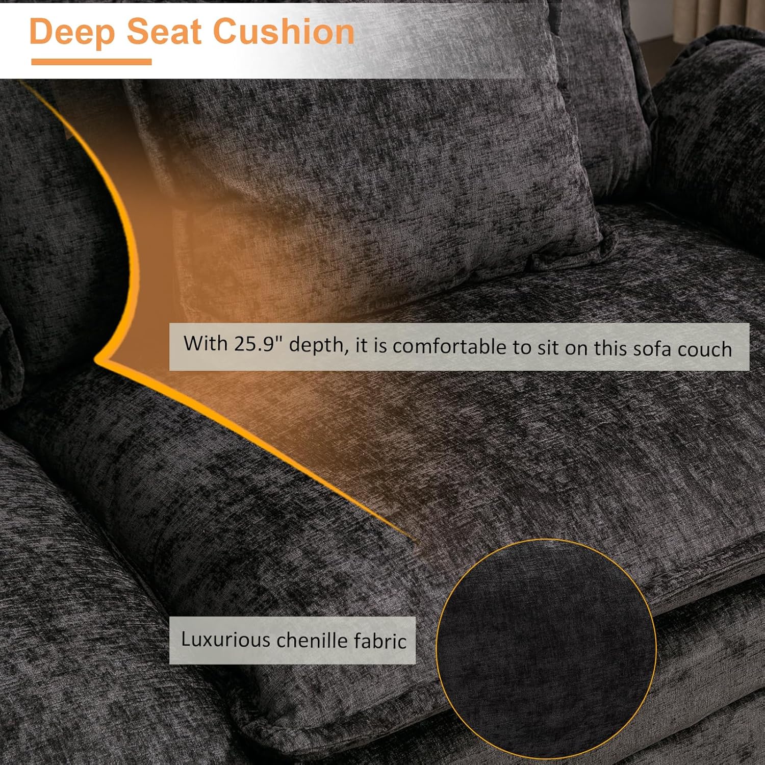IPKIG 117" Sectional Sofa, Chenille L-Shaped Couch Comfy Upholstered 3-Seat Sofa with Ottoman, 3 Lumbar Pillow, Deep Seat Modular Oversized Couch for Living Room, Apartment, Studio (Black, 4-Seat)