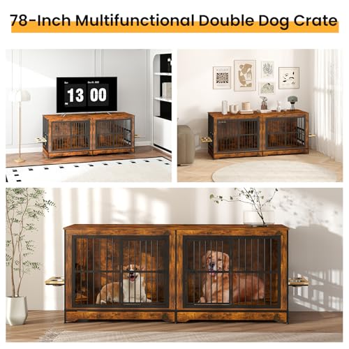 86 Inch Double Dog Crate Furniture with Divider, 4 Combination Forms Large Dog Kennel Furniture for 2 Dogs, Rustic Brown Corner Dog Kennel for Small Medium Large Dogs