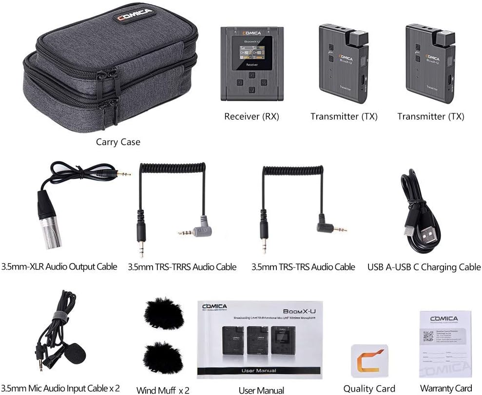Comica BoomX-U U2 48 Channels Mini UHF Wireless Lavalier Microphone with 2 Transmitter and 1 Receiver Broadcasting-Level Dual-Channel UHF Wireless Mic System for DSLR Camera, Smartphones