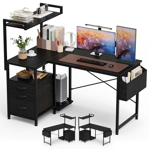 47 inch L Shaped Desk with 3 Fabric Drawers, Reversible Computer Desk with Top Shelf & Storage Shelf & CPU Stand for Home Office,Corner Gaming Desk Work Study Table for Gaming Writing,Black