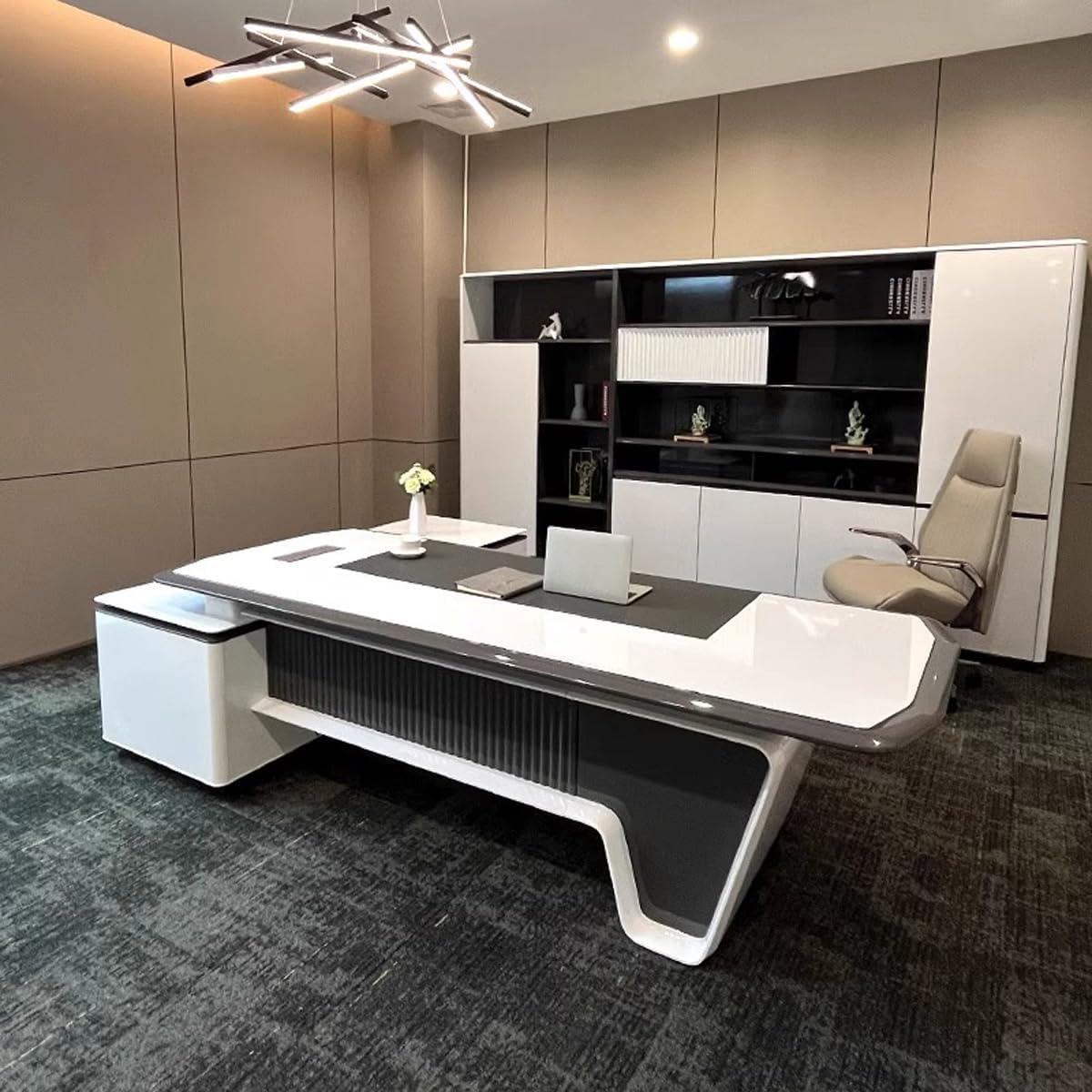 Modern White L-Shape Executive Desk with Cable Management and Built-in Storage, Piano Inspired L-Shaped Workstation Home Office Desk 94.5" L x 31.5" W x 29.5" H, Right Hand Return