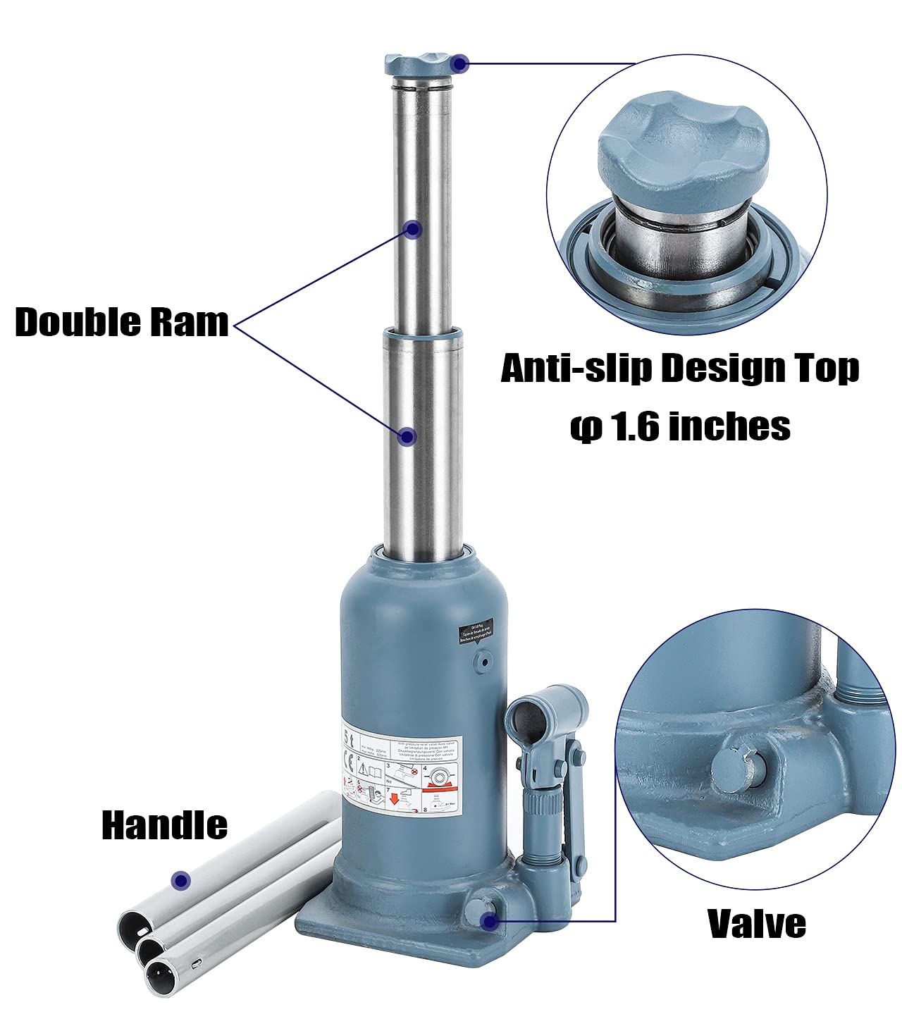 BAOSHISHAN 12 Ton High Lift Bottle Jack 9.25" to 23.23" Lifting Range Heavy Duty Double Ram Hydraulic Truck Jack