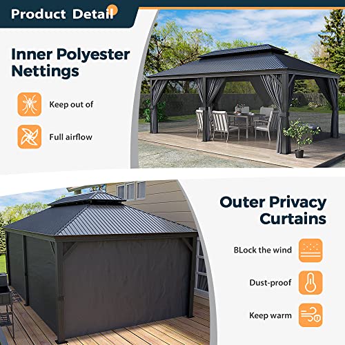 HAPPATIO 12' x 20' Hardtop Gazebo - Galvanized Steel Patio Double Roof Aluminum Gazebo with Curtains and Netting, Metal Permanent Pavilion Outdoor Gazebos for Patios, Gardens, and Lawns (Gray)