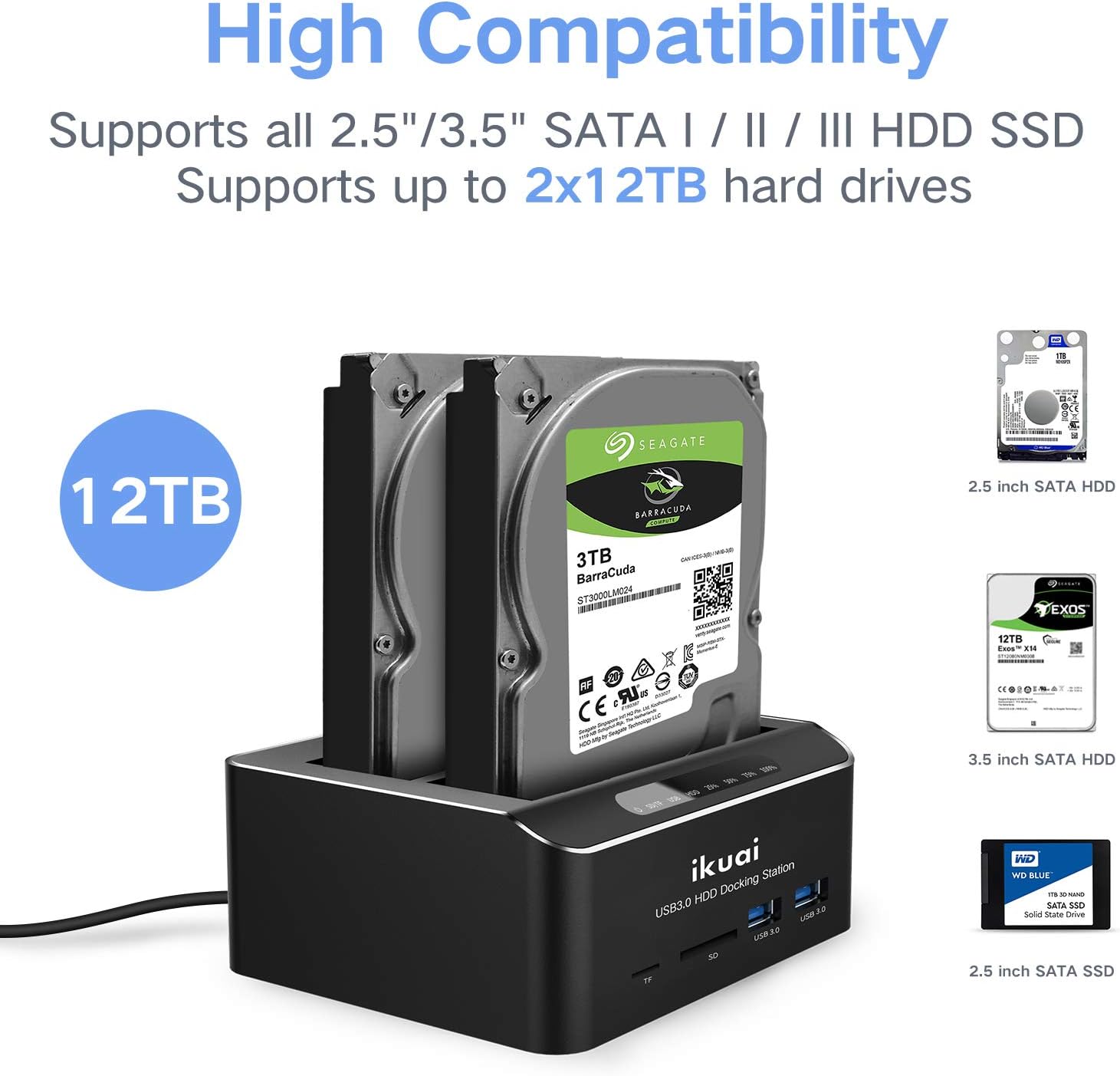 ikuai SATA to USB 3.0 Dual Bay Hard Drive Dock for 2.5 and 3.5 SATA HDD SSD with SD TF Card Reader 2 USB 3.0 Ports and Offline Clone Function External Hard Drive Docking Station (UASP Supported) Pack of 2