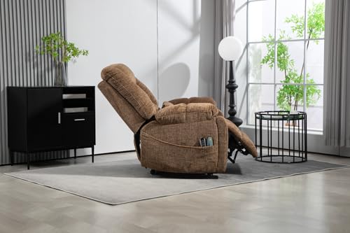 Light Grey Recliner Chair for Elderly | Tall and Big Man 400lbs | Chenille | Power Lift, Lay Flat, Stand Up, Wireless Charging Device, Extended Footrest, Massage Heat, Cup Holder, Lumbar Pillow