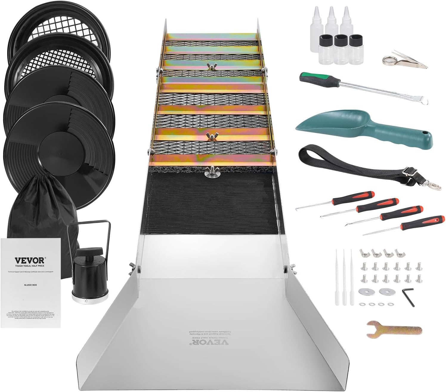 VEVOR 50 Inch Folding Sluice Box Gold Panning Kit, 23pc Gold Prospecting Equipment Kit with Gold Pan, Classifier Screen, Separating Magnet, Backpack and More