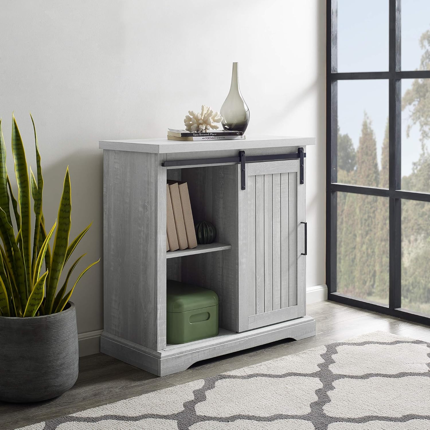 Walker Edison Beaumont Modern Farmhouse Sliding Slat Door Storage Cabinet, 32 Inch, Grey Wash