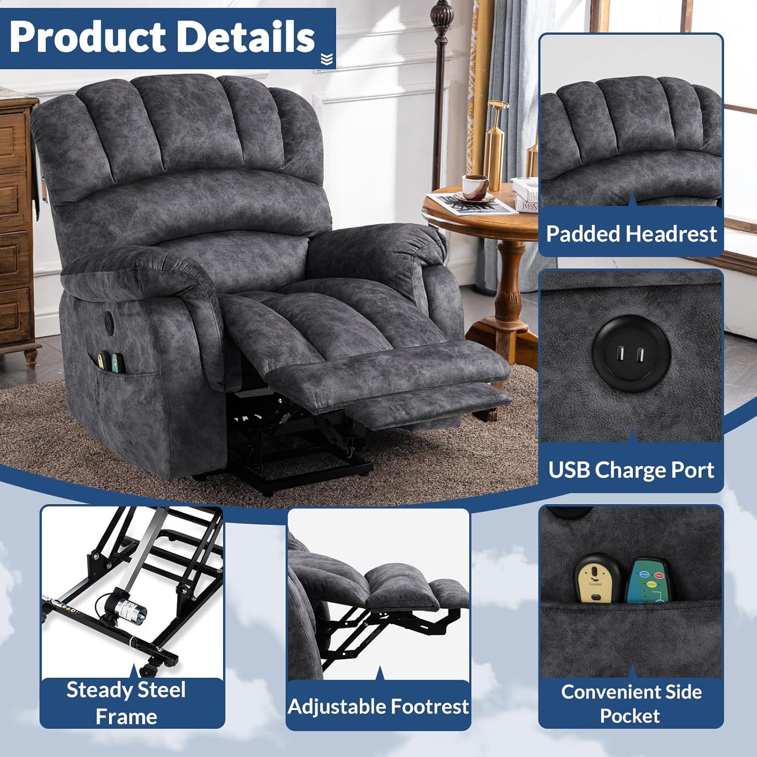 Large Electric Power Lift Recliner Chair with Extended Footrest for Elderly Big Man, Overstuffed Heated Massage Wide Reclining Sofa with 2 Remote Controls, Side Pockets & USB Ports, Gray