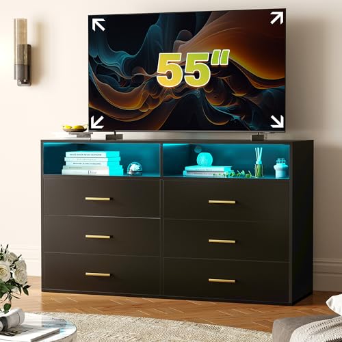 EnHomee Dresser for Bedroom, Black Dresser & Chests of Drawers, 6 Drawer Dressers with LED, Wood Dresser，Bedroom Dresser with Large Organizer，Modern Dresser Bedroom Furniture for Bedroom Closet