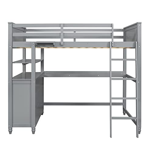 Gray Twin Loft Bed with Storage Cabinet and Desk, Wooden Loft Beds Frame with Bookcase and Shelves, Modern Twin size Loft Bunk Bed for Kids Teens Adults Boys & Girls (Twin, Gray)