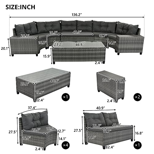 P PURLOVE 8 Piece Half Moon Sectional Round Patio Furniture Set, Outdoor Sectional Sofa Couch, Wicker Sofa Set with Washable Cushions and Glass Rectangular Coffee Table, for Garden, Backyard, Beige