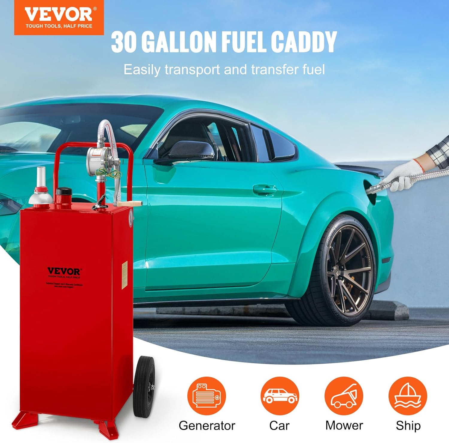 VEVOR 30 Gallon Portable Gas Caddy, Fuel Caddy Fuel Storage Tank with 2 Wheels & Manual Transfer Pump, Gasoline Diesel Fuel Container for Cars, Lawn Mowers, ATVs & Boats, Red