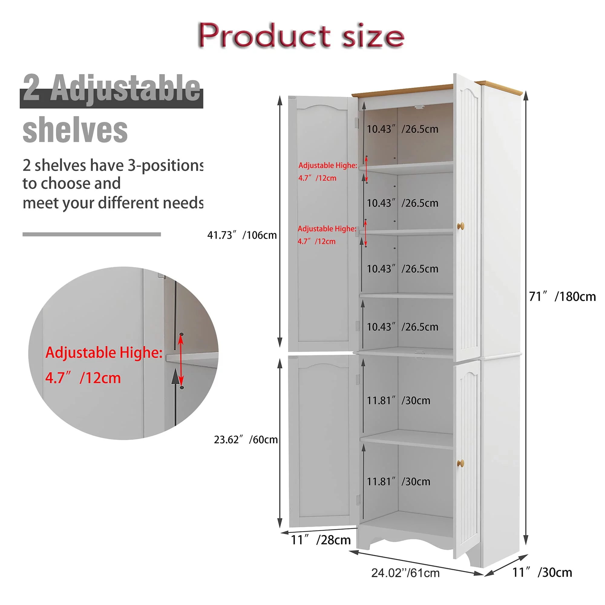 Yusong 72'' Tall Kitchen Pantry Cabinet, Farmhouse Storage Cabinet with 4 Doors and 2 Adjustable Shelf, Freestanding Wooden Cupboard Buffet for Home Dining Room Living Room Entryway, White and Honey