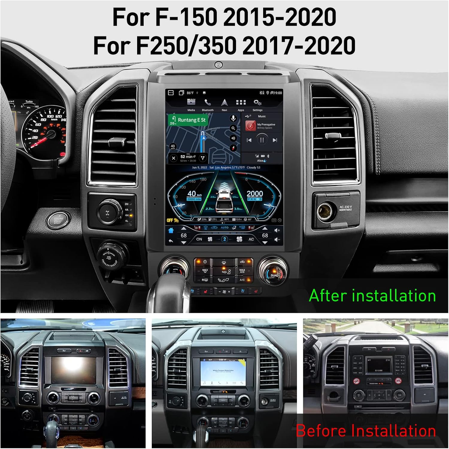 YULU E10 Plus Car Radio 12.1 Inch Stereo for F150 2015 to 2020 and F250 F350 F450 2017 to 2021 Android 12.0 GPS Navigation Wireless Carplay 5G WiFi SiriusXM, New Upgrade! 6G+64G AUX/Fiber Optic Out