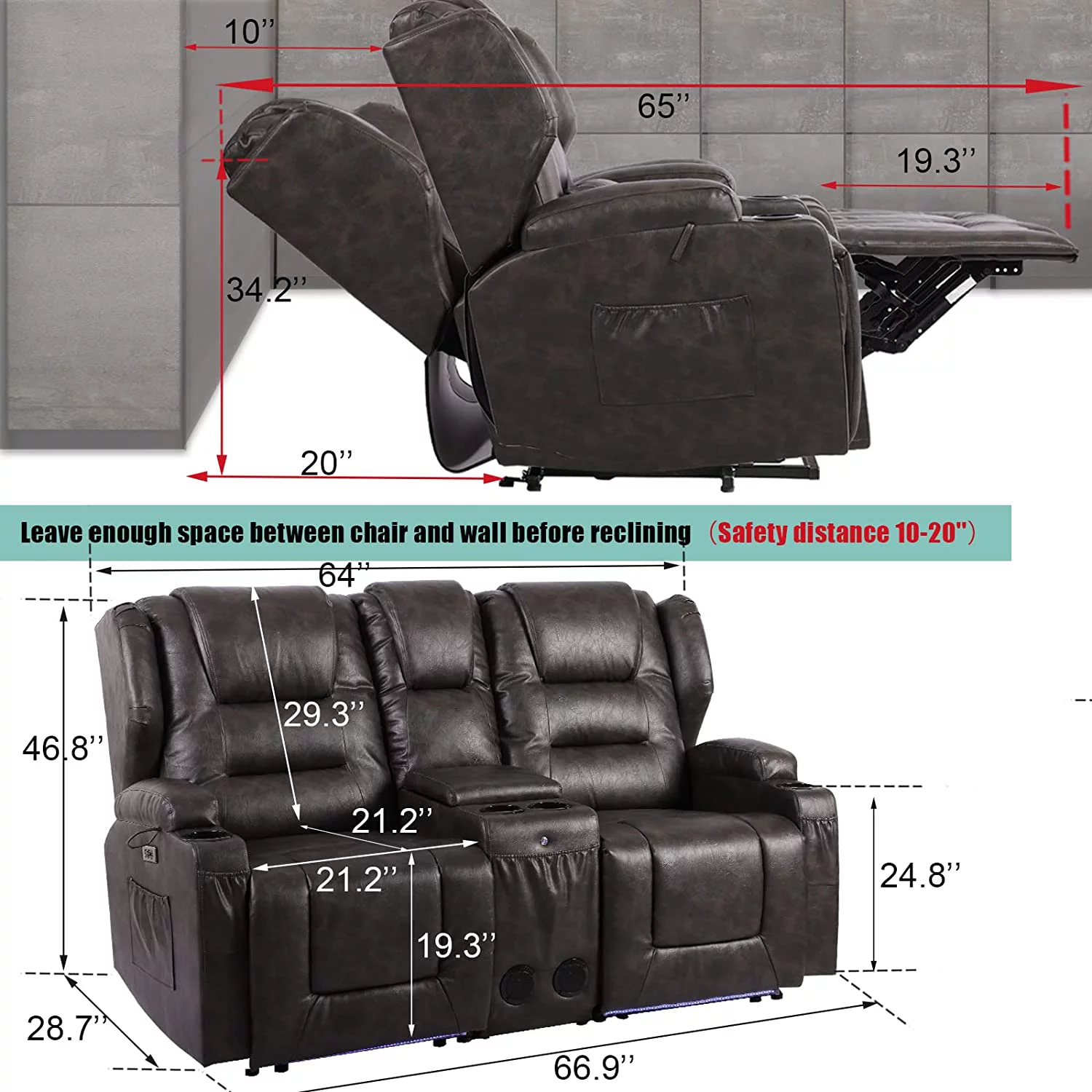IPKIG Electric Home Theater Seating- Power Recline Chair Loveseat RV Sofa with Console, 67" Double Recliner 2-Seater RV Couch with Storage/USB Charging/Lighting/Cup Holders for Living Room