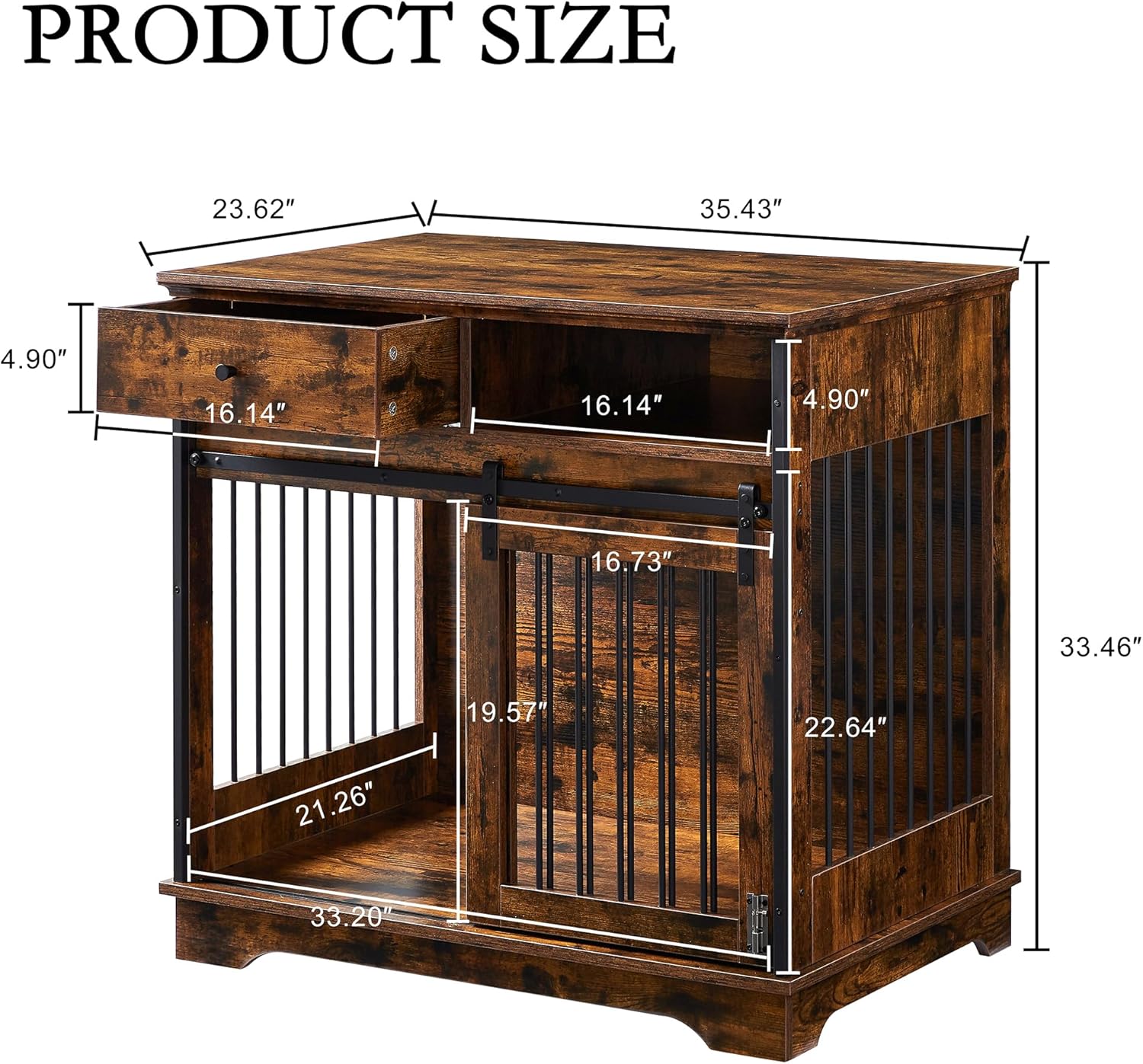 35.4 Inch Furniture Style Dog Crate with Sliding Barn Door and Storage Drawers, Wooden Dog Cage Furniture End Side Table, Chew-Resistant, Rustic Brown, 35.4" W x 23.6" D x 33.5" H