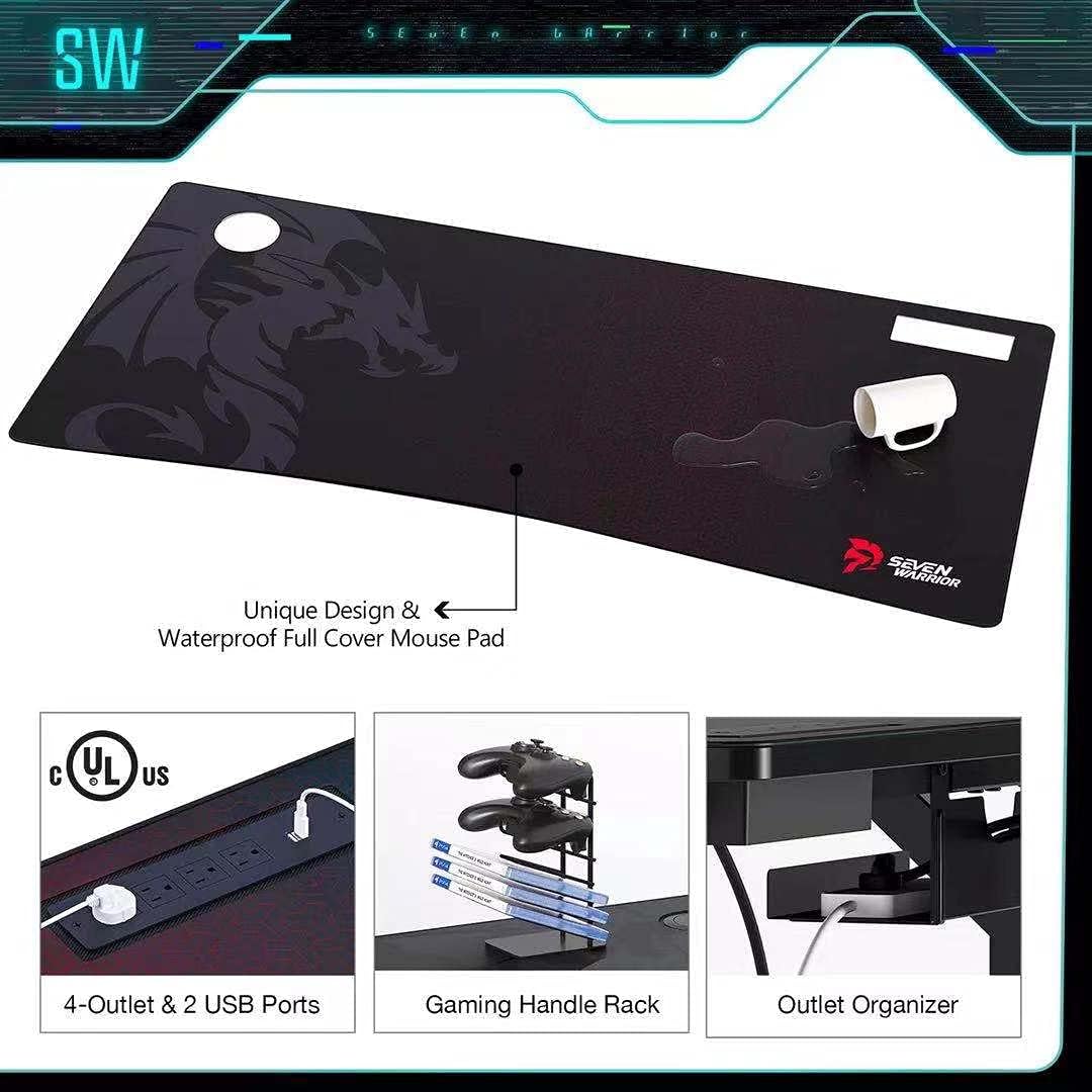Seven Warrior Gaming Desk 55INCH with Power Outlet & Dual Monitor Mount, Carbon Fiber Surface Computer Gamer Desk with Full Desk Mouse Pad, Ergonomic Y Shaped Gamer Table with Outlet Organizer