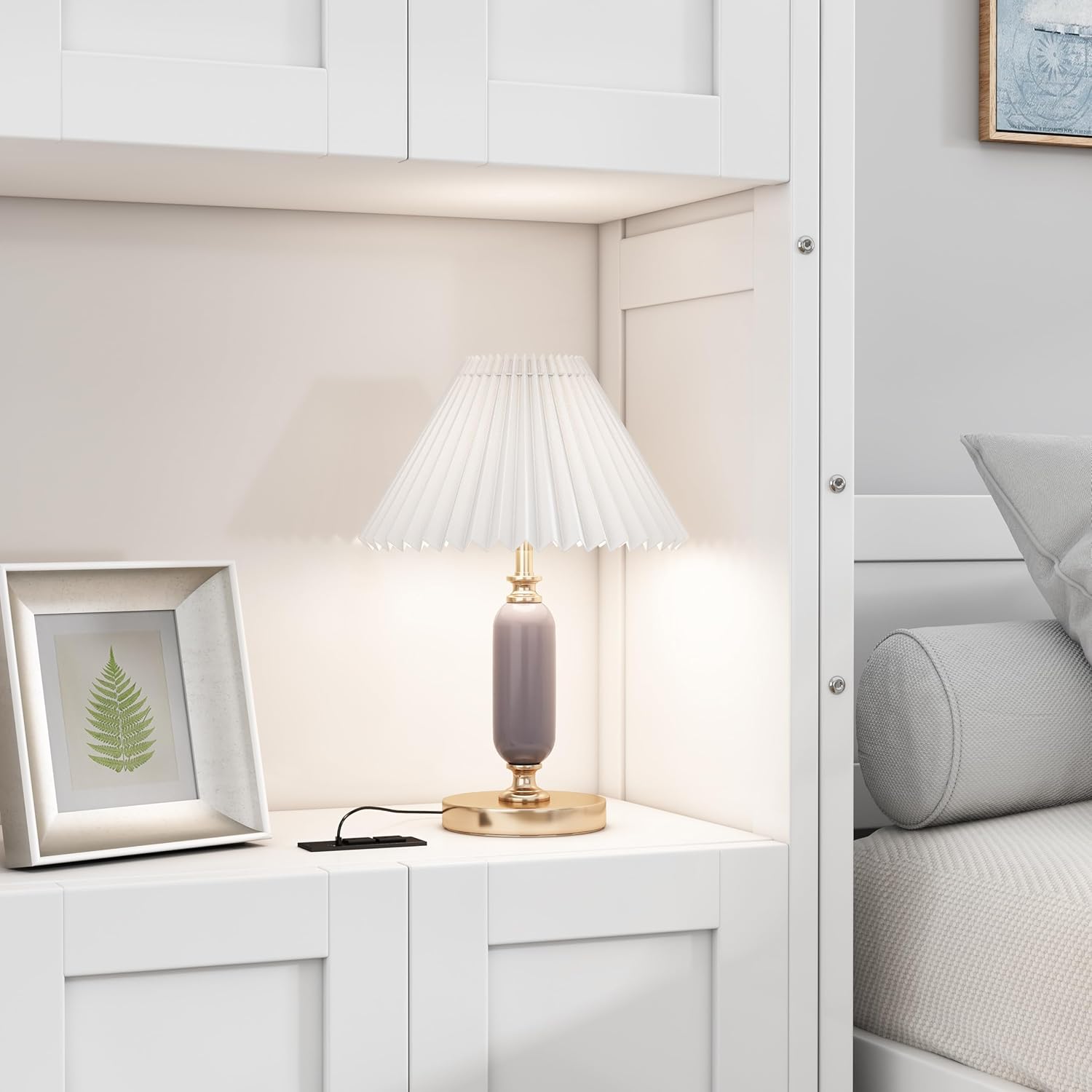 Wooden Full Size Murphy Bed 61.5-inch Cabinet Bed Folding Wall Bed with Desk Combo and 2 Side Cabinet Storage Shelf,for Small Spaces Studio Office Guest Room Use (White@USB ports/, Full)