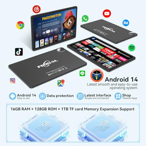 Tablet 11 inch Android 14 Tablet, 2025 Latest Update 128GB ROM 16GB RAM, 4G LTE Tableta, 5G WiFi+Cellular, Octa-Core, 21MP Dual Camera,1TB Expand, Incell FHD Screen, 7000mAh - Unclocked for T-Mobile