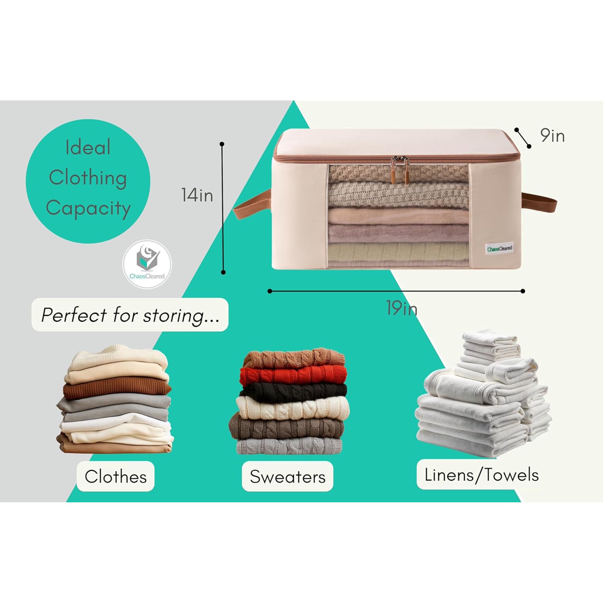Canvas Clothing Storage 2 Bags Clothes Organizer folding fabric bags for sweaters, clothing, garment, bedding, quilt, linens, large folding organizers with zip &amp; window, mothproof underbed space save