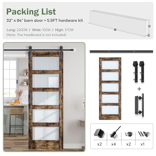 36x84 Inch Glass Sliding Barn Door Slab and 6.6ft Hardware Kit Included, 5 Frosted Glass, LVL Wood Panel Covered with White Water-Proof Scratch-Proof PVC Surface, Simple DIY Assembly