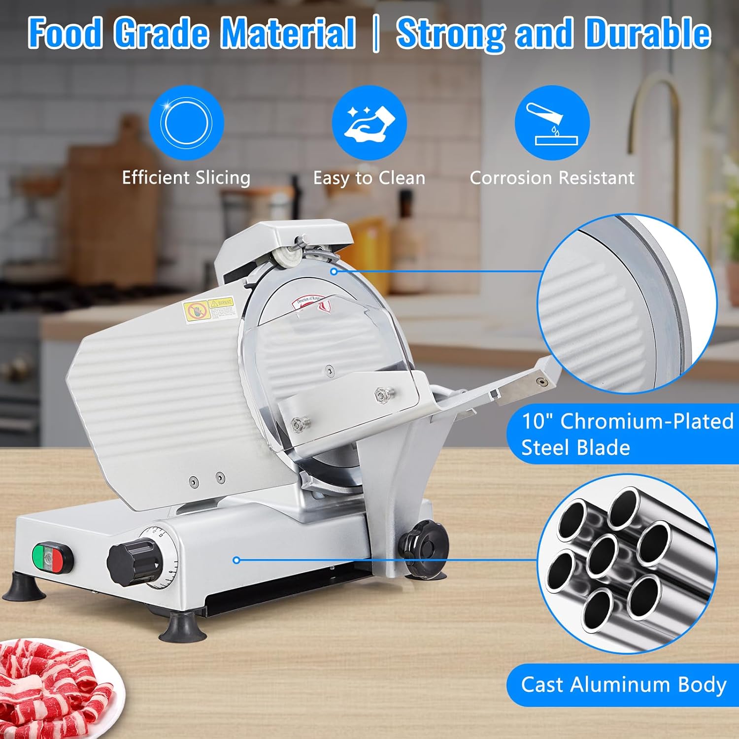 Meat Slicer, 240W Electric Food Slicer with 10" Stainless Steel Blade and Built-in Sharpening Stone, Adjustable Thickness Meat Slicer for Home and Commercial Use to Cuts Meat, Bread and Cheese