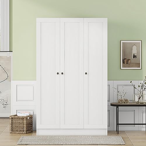 Modern 3-Door Large Armoire Wardrobe Cabinet with Hanging Rail, Door Can Be Slid with Storage Shelves, Bedroom Organizer,Free-Standing Garment Closet (Walnut-1)