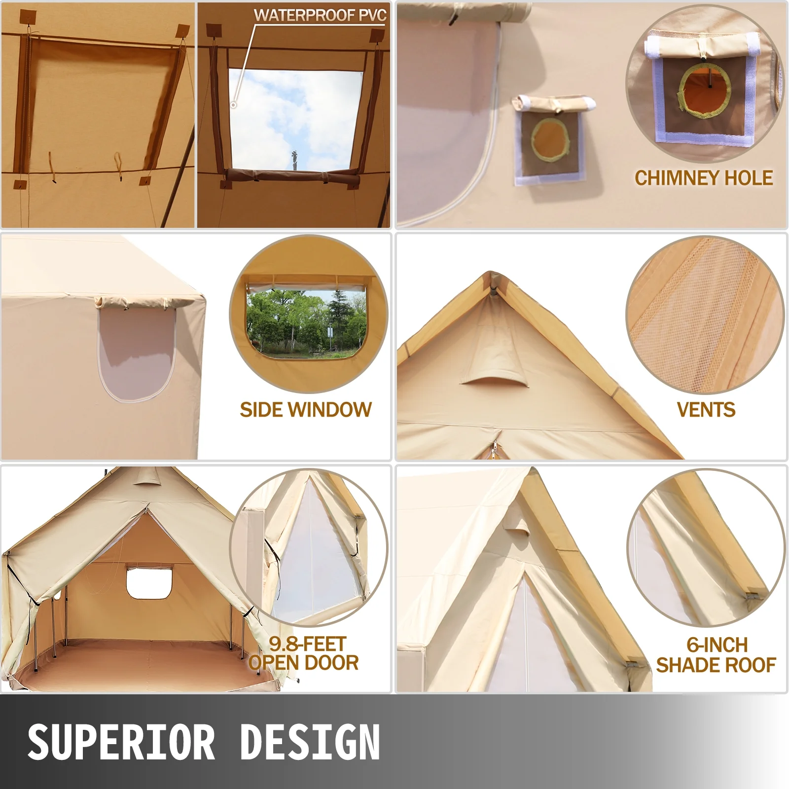 VEVOR Canvas Wall Tent 10x12ft, Wall Tent with PVC Storm Flap, Large Canvas Wall Tent Waterproof, Camping Canvas Tents with Stove Hole for 6-8 People Outdoor Camping Hiking Party Hunting