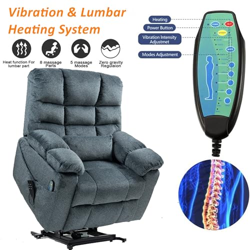 Light Grey Recliner Chair for Elderly | Tall and Big Man 400lbs | Chenille | Power Lift, Lay Flat, Stand Up, Wireless Charging Device, Extended Footrest, Massage Heat, Cup Holder, Lumbar Pillow