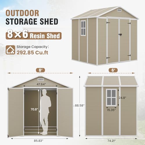 Outdoor Storage Shed, 6x6 FT Resin Shed with Floor and Lockable Door, Window, Vents, Tool Sheds and Outdoor Storage for Bike, Garden Accessories, Tools, Waterproof (Grey & White)