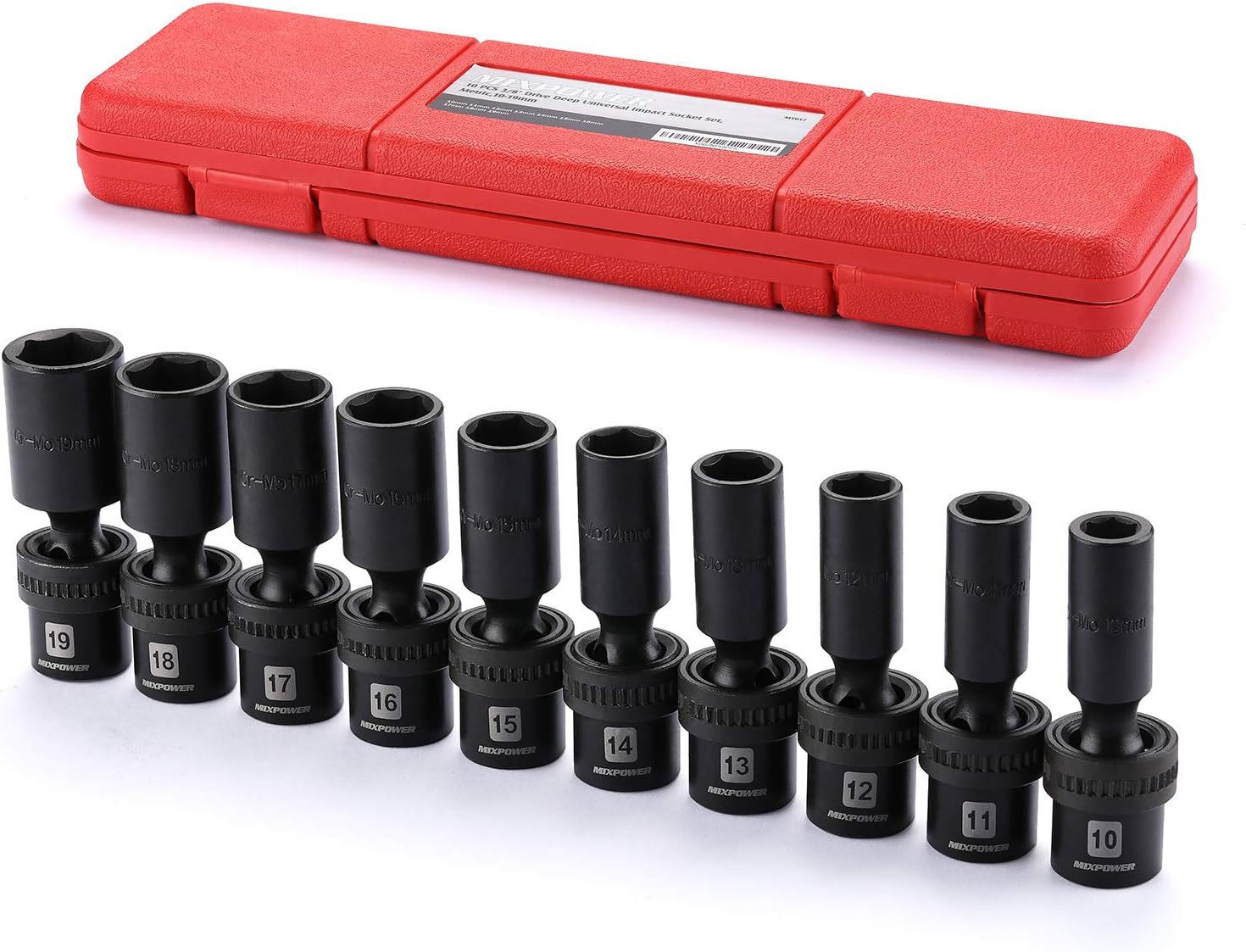 MIXPOWER 10-piece 3/8" Drive Shallow Universal Impact Socket Set, Metric,10-19mm, Swivel Socket with Flexible Wobble, CR-MO