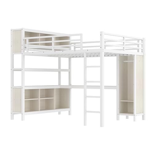 Linique Metal Loft Bed with Wardrobe & L-Shaped Desk - Sturdy Space-Saving Loft Bed Includes Storage Cubes, Shelves for Kids, Teens, Adults (White, Queen)