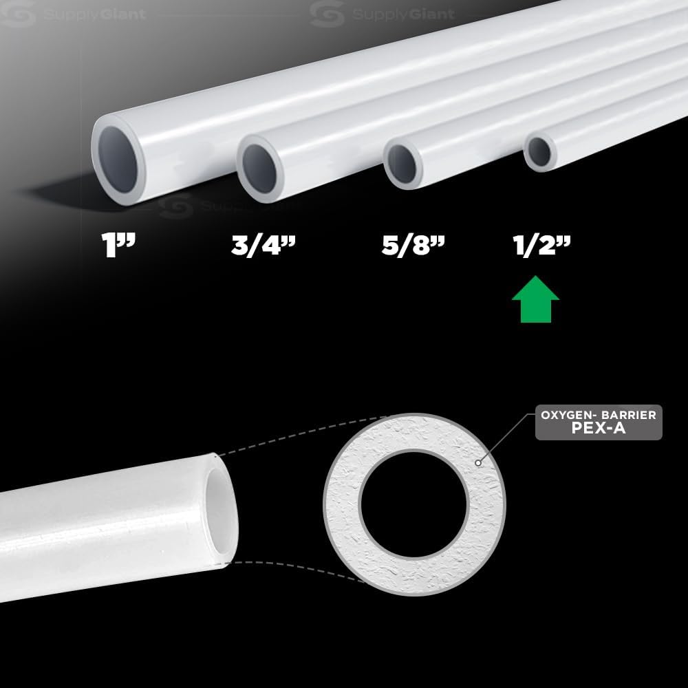 Tubing 1/2 Inch X 100 Feet PEX Pipe, Oxygen Barrier Flexible Water Tubing For Hydronic Radiant Floor Heating, 1/2" PEX Tubing Coil, White