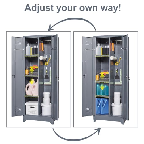 Metal Broom Storage Cabinet with Doors, 65" Steel Tool Storage Cabinet with Hanging Rod, Cleaning Storage Cabinet with Locking Doors, Broom Tool Storage Cabinet for Office, Garage