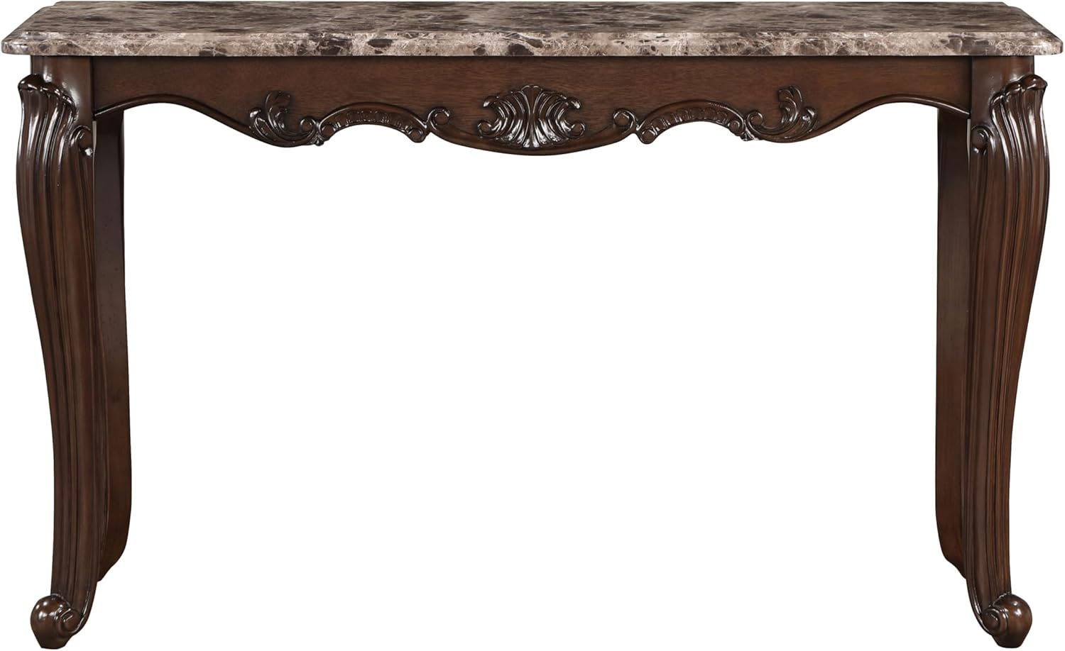 Acme Nayla Marble Rectangular Sofa Table with Floral Legs in Cherry