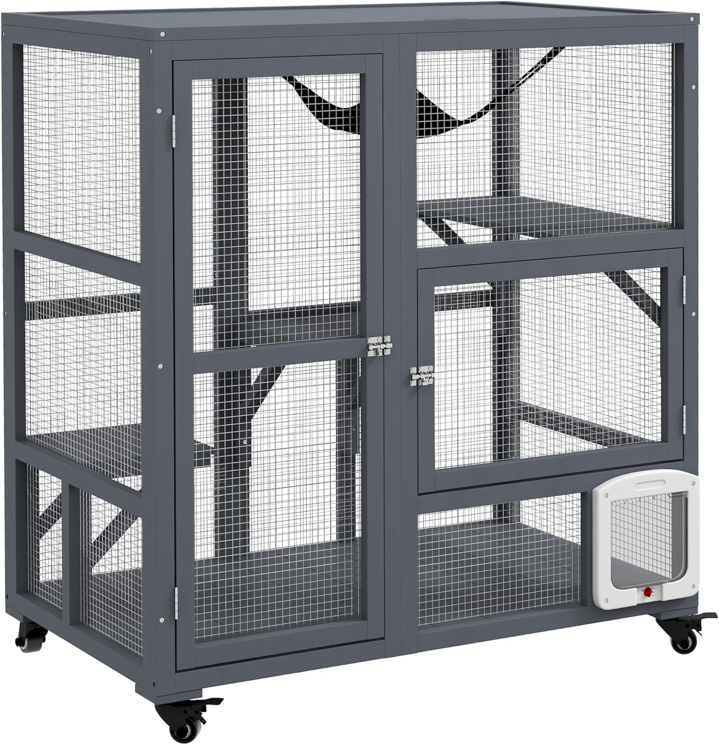 Catio Outdoor Cat Enclosure with Roof Cat House Height 37" Large Wooden Cat Cage with 4 Jumping Platforms for Cat Activity,Grey