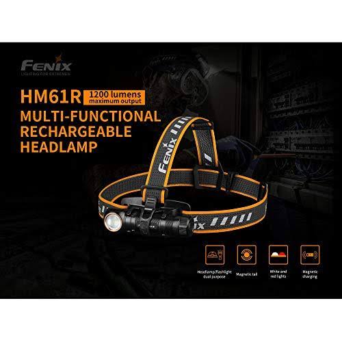 Fenix HM61R 1200 Lumen L-Shape Magnetic Rechargeable Headlamp with White u0026 Red Lights and LumenTac Battery Case