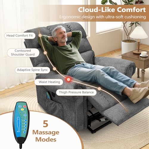 ANJ Large Power Lift Recliner Chair with Massage and Heat for Elderly Big People, Electric Wide Recliners, Heavy Duty and Safety Motion Fabric Reclining Mechanism with USB Ports, Side Pocket, Camel