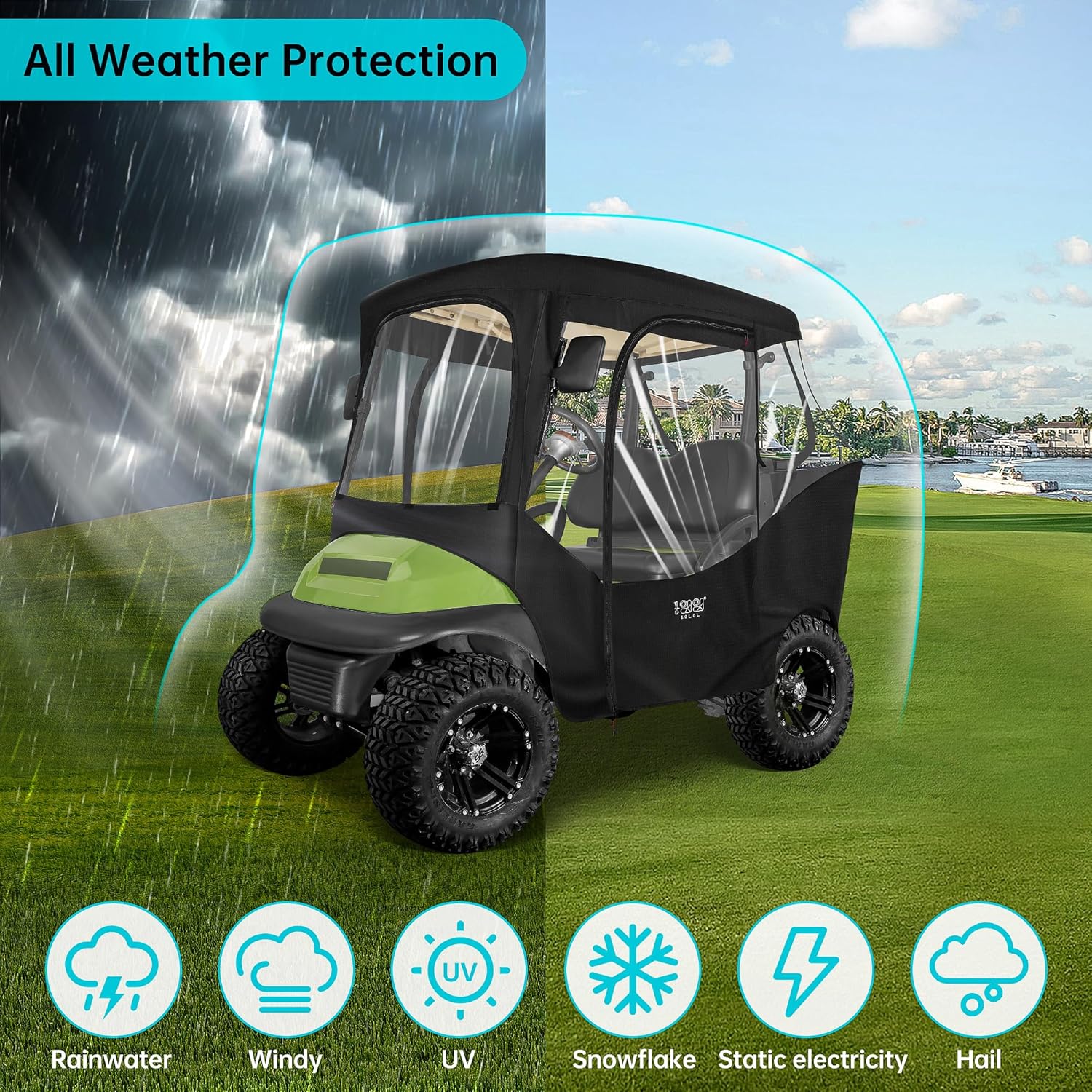 10L0L 2 Passenger Golf Cart Enclosures Cover for Club Car DS & Precedent, All Weather Windproof Waterproof Rain Cover, 4-Sided Clear Window & Roll-up Zipper Door - Black