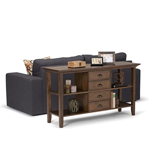 SIMPLIHOME Redmond SOLID WOOD 54 inch Wide Console Sofa Table in Hickory Brown with Storage, 4 Drawers and 4 Shelves, for the Living Room Entryway and Bedroom