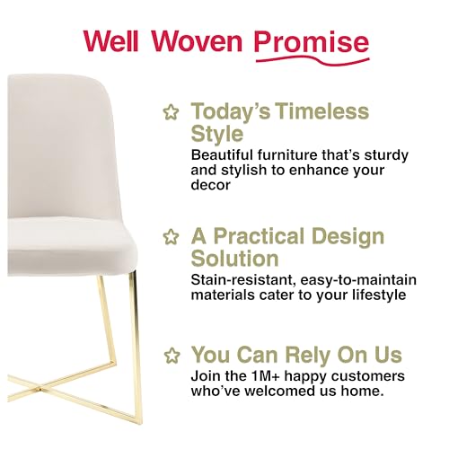 Well Woven Rachelle Velvet Modern Accent Chairs Set of 2 - Ivory Comfy Seat with Gold Metal Legs - Perfect for Living Room, Bedroom, Office, Dining Room