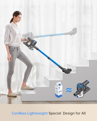 FABULETTA Cordless Vacuum Cleaner for Home, 400W Lightweight Vacuum Cleaner with MAX 47Min Detachable Battery, Brushless Motor, 6 in 1 Stick Vacuum for Hardwood Floors and Carpet Pet Hair Car（Blue）