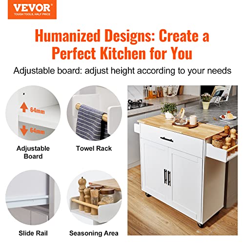 VEVOR Kitchen Island Cart with Solid Wood Top, 35.4" Width Mobile Carts with Storage Cabinet, Rolling Kitchen Table with Spice Rack, Towel Rack, and Drawer, Portable Islands on Wheels, White