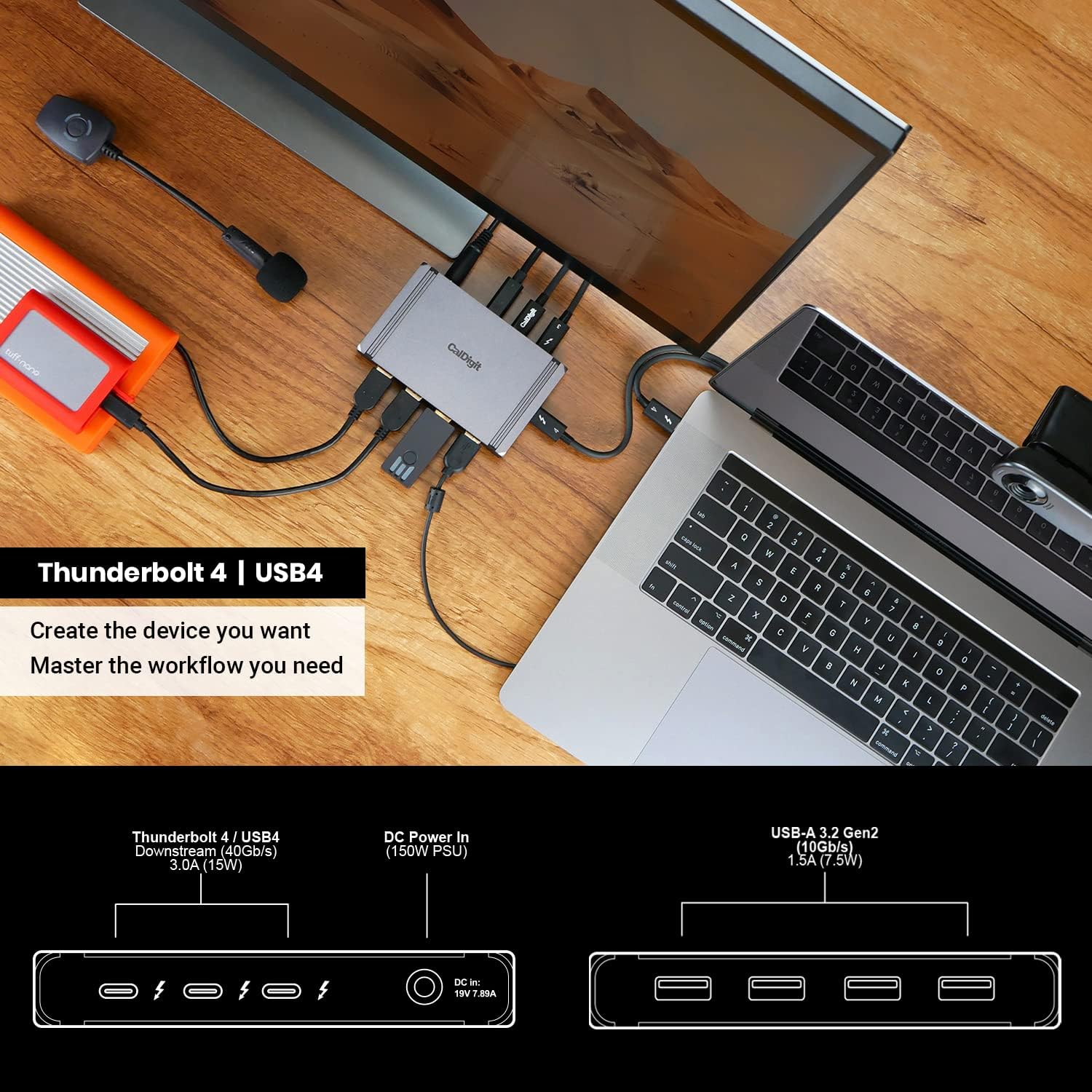 CalDigit Thunderbolt 4 Element Hub - Universal Multi-Port Hub, 4X Thunderbolt 4/USB4 Ports, 4X USB 3.2 Gen2 10Gb/s Ports, Single display up to 8K or Dual 4K 60Hz Displays, 60W Charging with 0.8m Cable